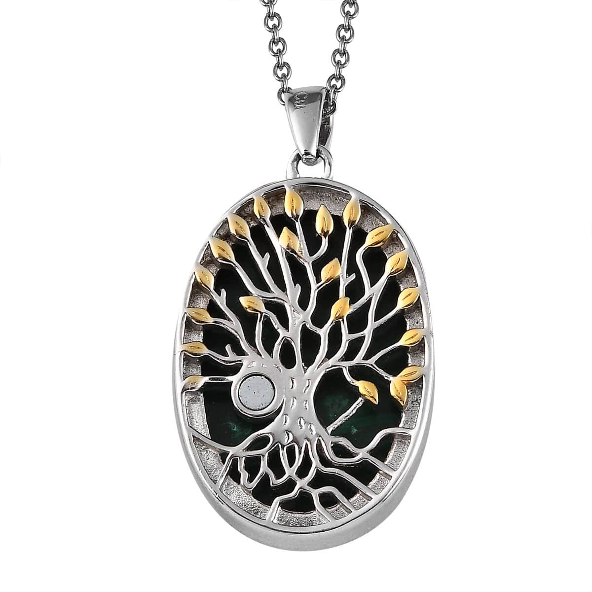 African Malachite Tree of Life Pendant Necklace 24 Inches in 14K Yellow Gold & Platinum Over Copper with Magnet and Stainless Steel 40.00 ctw image number 4