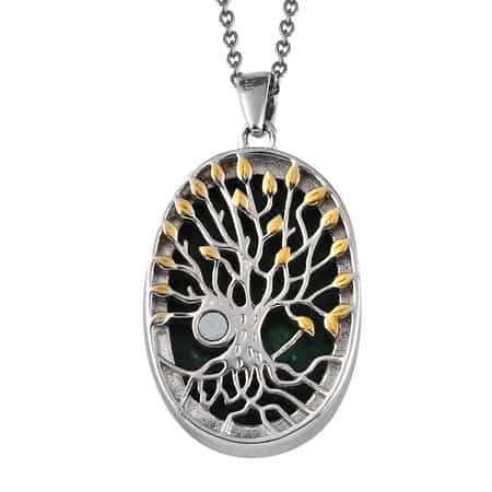 African Malachite Tree of Life Pendant Necklace (20 Inches) in 14K YG & Platinum Over Copper with Magnet and Stainless Steel 40.00 ctw | Tarnish-Free, Waterproof, Sweat Proof Jewelry image number 4
