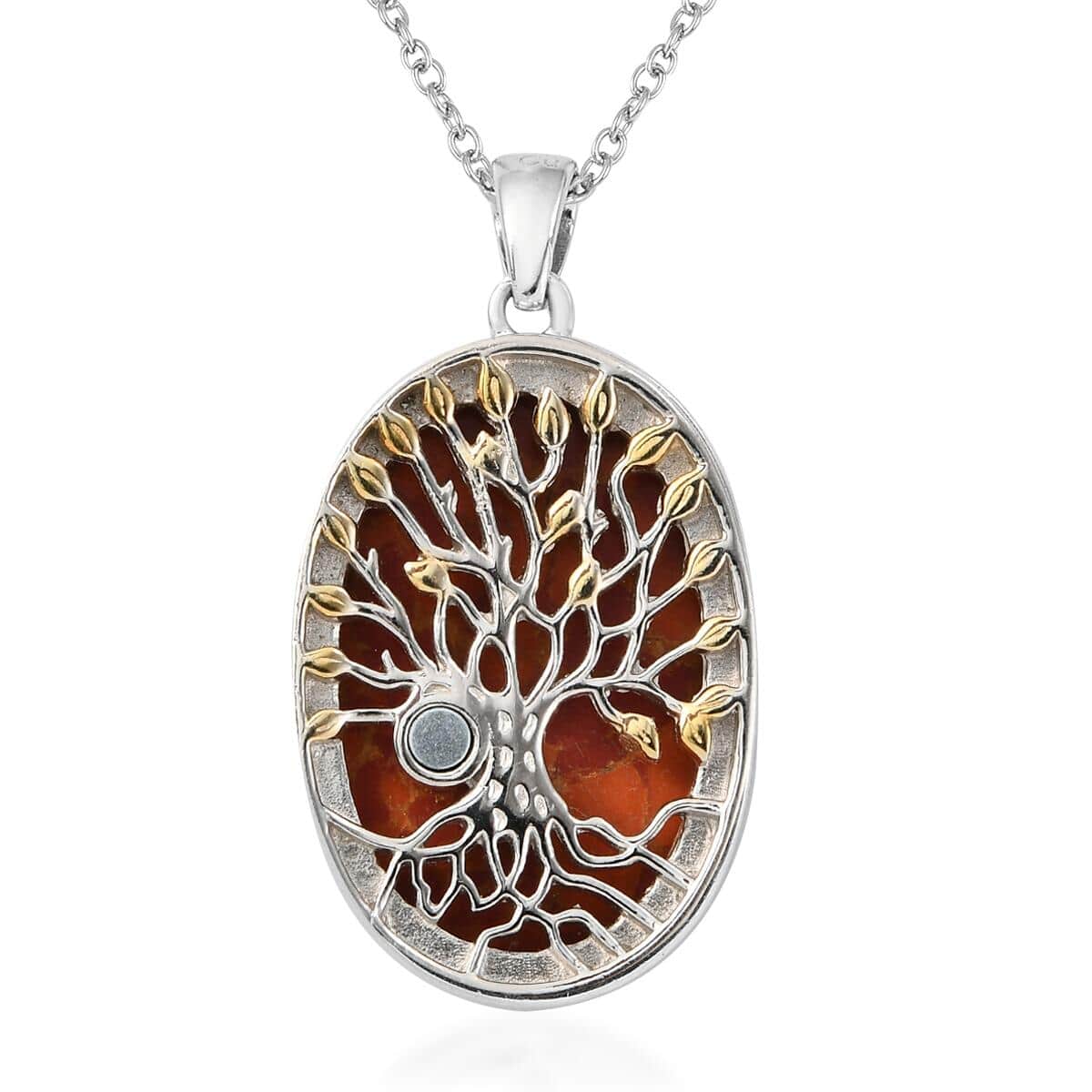 Mojave Orange Turquoise Tree of Life Pendant Necklace 24In in 14K YG & Platinum Over Copper with Magnet and Stainless Steel 30.15 ctw image number 4