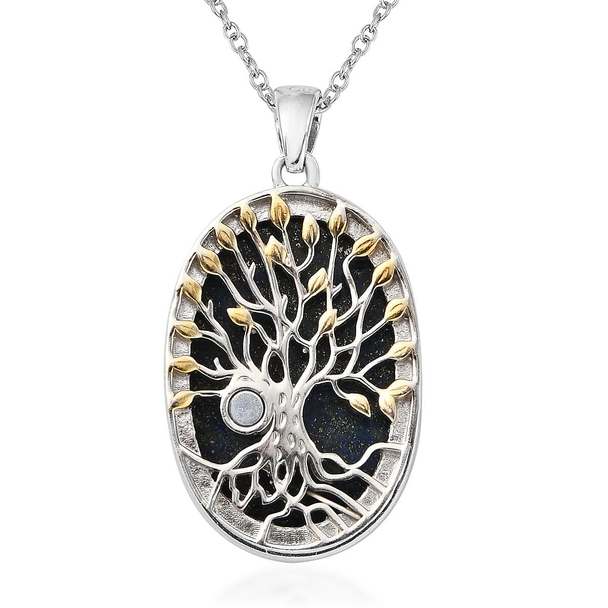 Lapis Lazuli Tree of Life Pendant Necklace (24 Inches) in 14K YG & Platinum Over Copper with Magnet and Stainless Steel 32.15 ctw , Tarnish-Free, Waterproof, Sweat Proof Jewelry image number 4