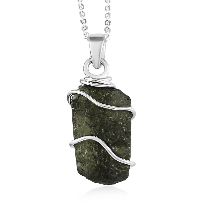 Artisan Crafted Rough Cut Bohemian Moldavite 7.15 ctw Solitaire Pendant Necklace 20 Inches in Platinum Over Sterling Silver