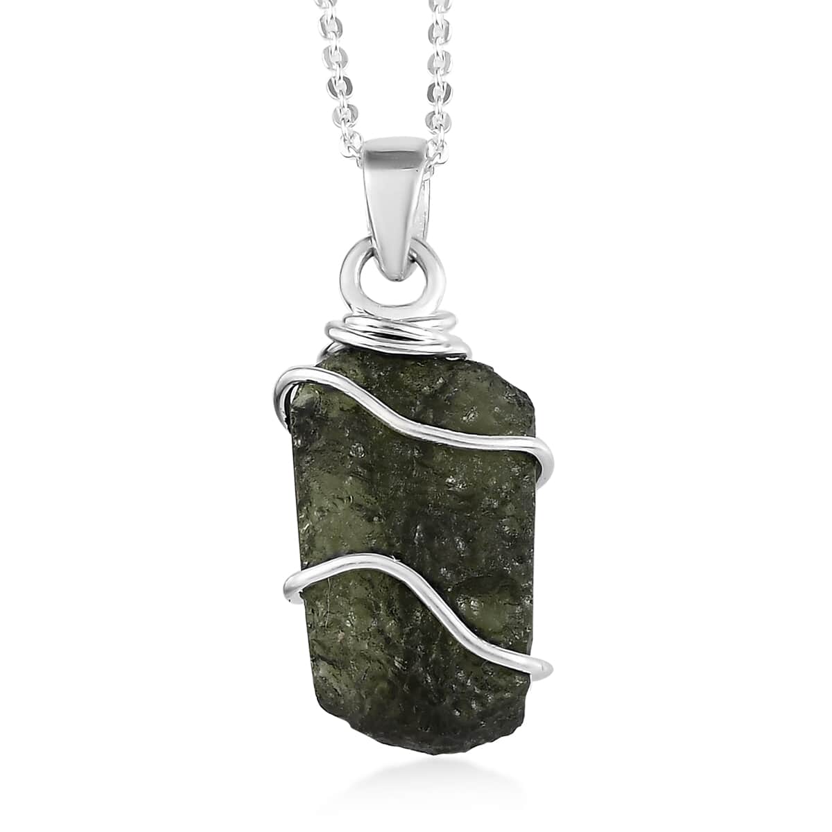 Artisan Crafted Rough Cut Bohemian Moldavite Solitaire Pendant Necklace 20 Inches in Platinum Over Sterling Silver 7.15 ctw image number 0