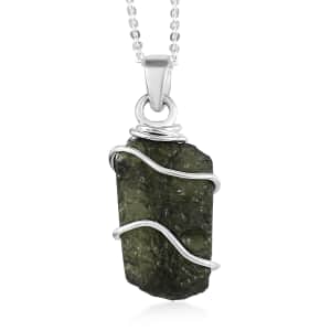 Artisan Crafted Rough Cut Bohemian Moldavite Solitaire Pendant Necklace 20 Inches in Platinum Over Sterling Silver 7.15 ctw