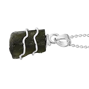 Artisan Crafted Rough Cut Bohemian Moldavite 7.15 ctw Solitaire Pendant Necklace 20 Inches in Platinum Over Sterling Silver