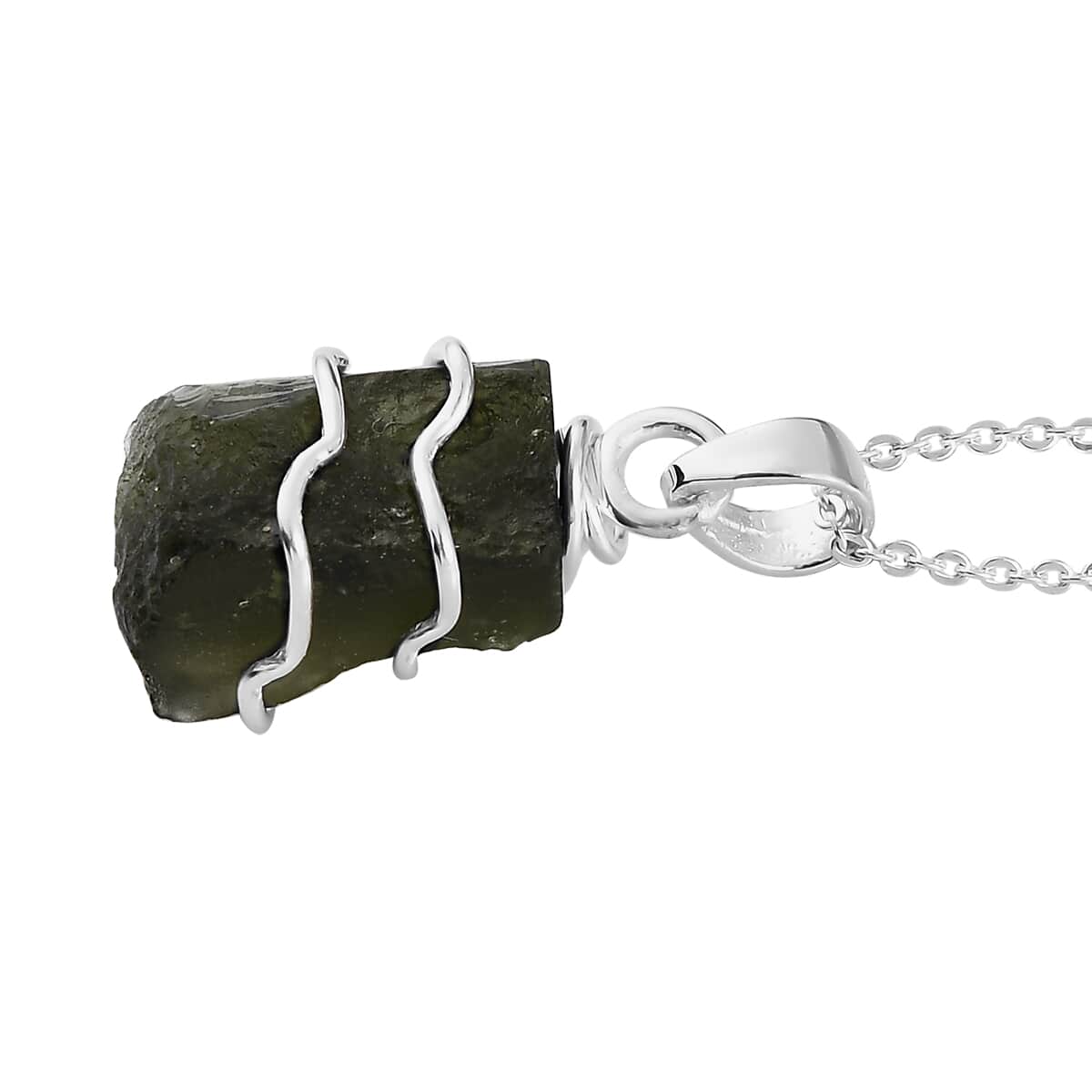 Artisan Crafted Rough Cut Bohemian Moldavite Solitaire Pendant Necklace 20 Inches in Platinum Over Sterling Silver 7.15 ctw image number 3