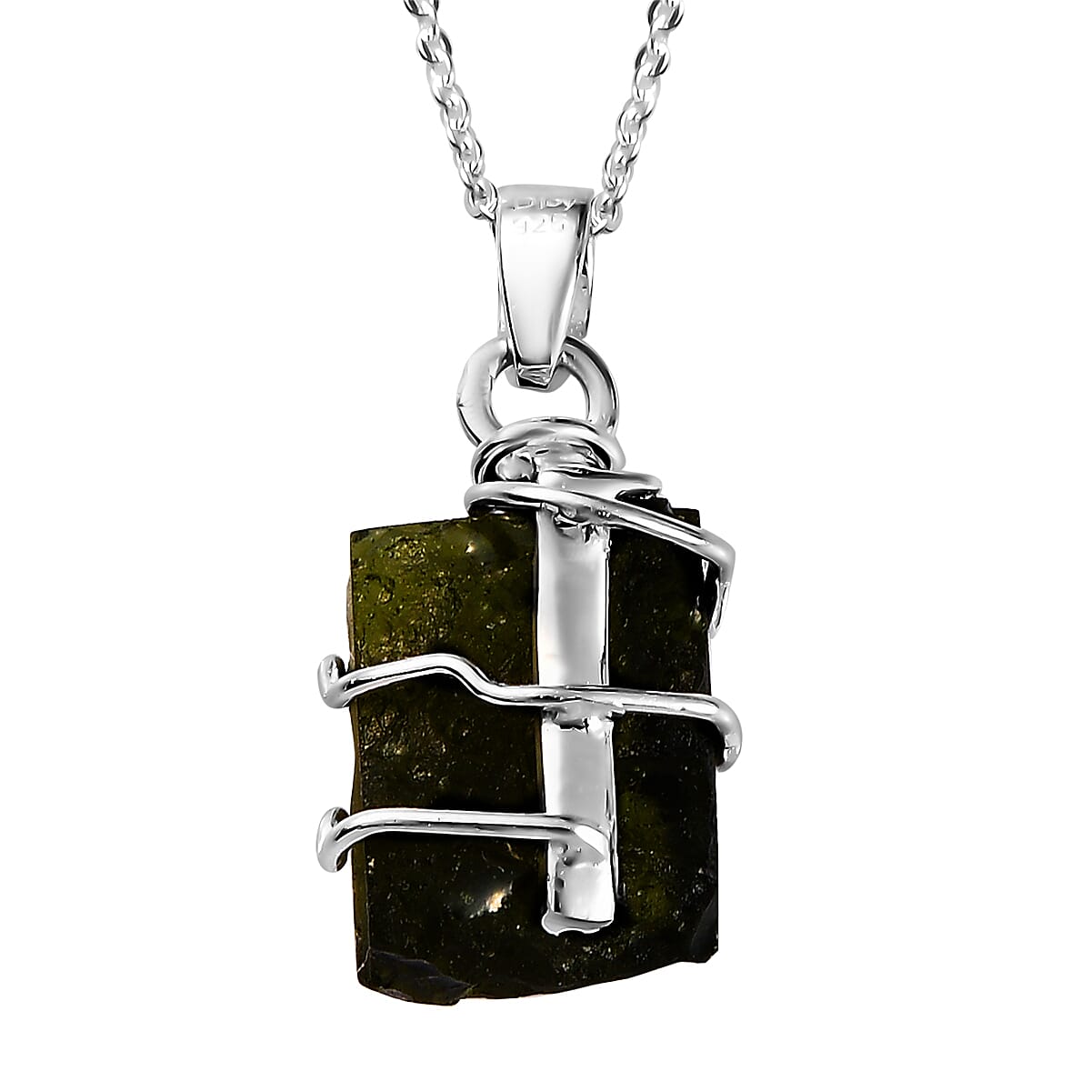 Artisan Crafted Rough Cut Bohemian Moldavite 7.15 ctw Solitaire Pendant Necklace 20 Inches in Platinum Over Sterling Silver