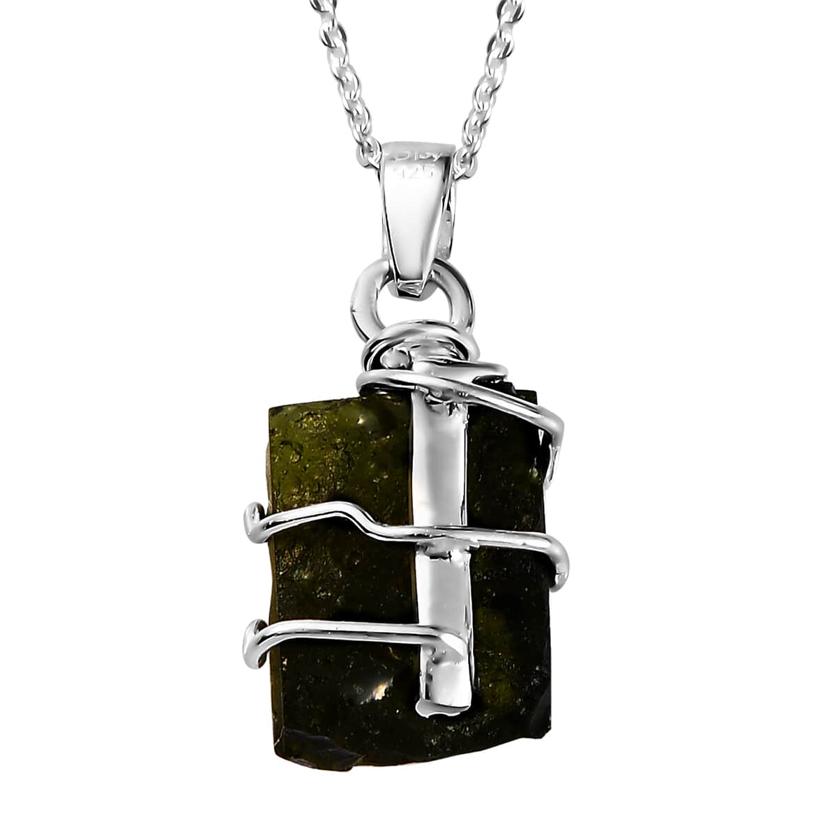 Artisan Crafted Rough Cut Bohemian Moldavite Solitaire Pendant Necklace 20 Inches in Platinum Over Sterling Silver 7.15 ctw image number 4