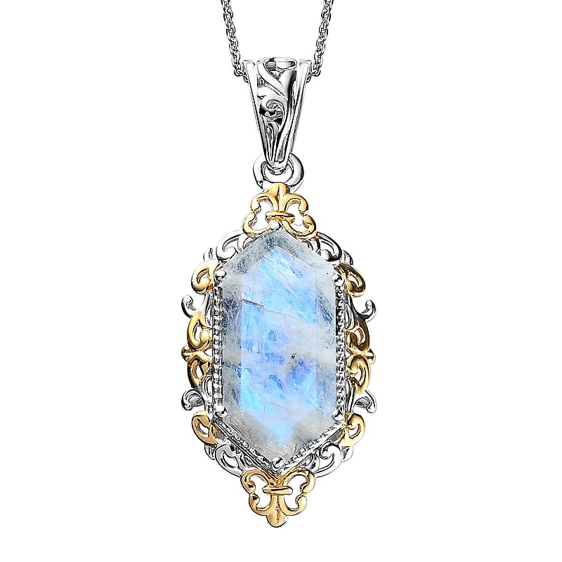 Kuisa Rainbow Moonstone Pendant Necklace 20 Inches in Vermeil Yellow Gold and Platinum Over Sterling Silver 5.25 ctw