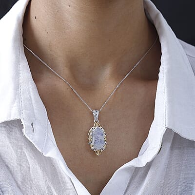 Kuisa Rainbow Moonstone Pendant Necklace 20 Inches in Vermeil Yellow Gold and Platinum Over Sterling Silver 5.25 ctw