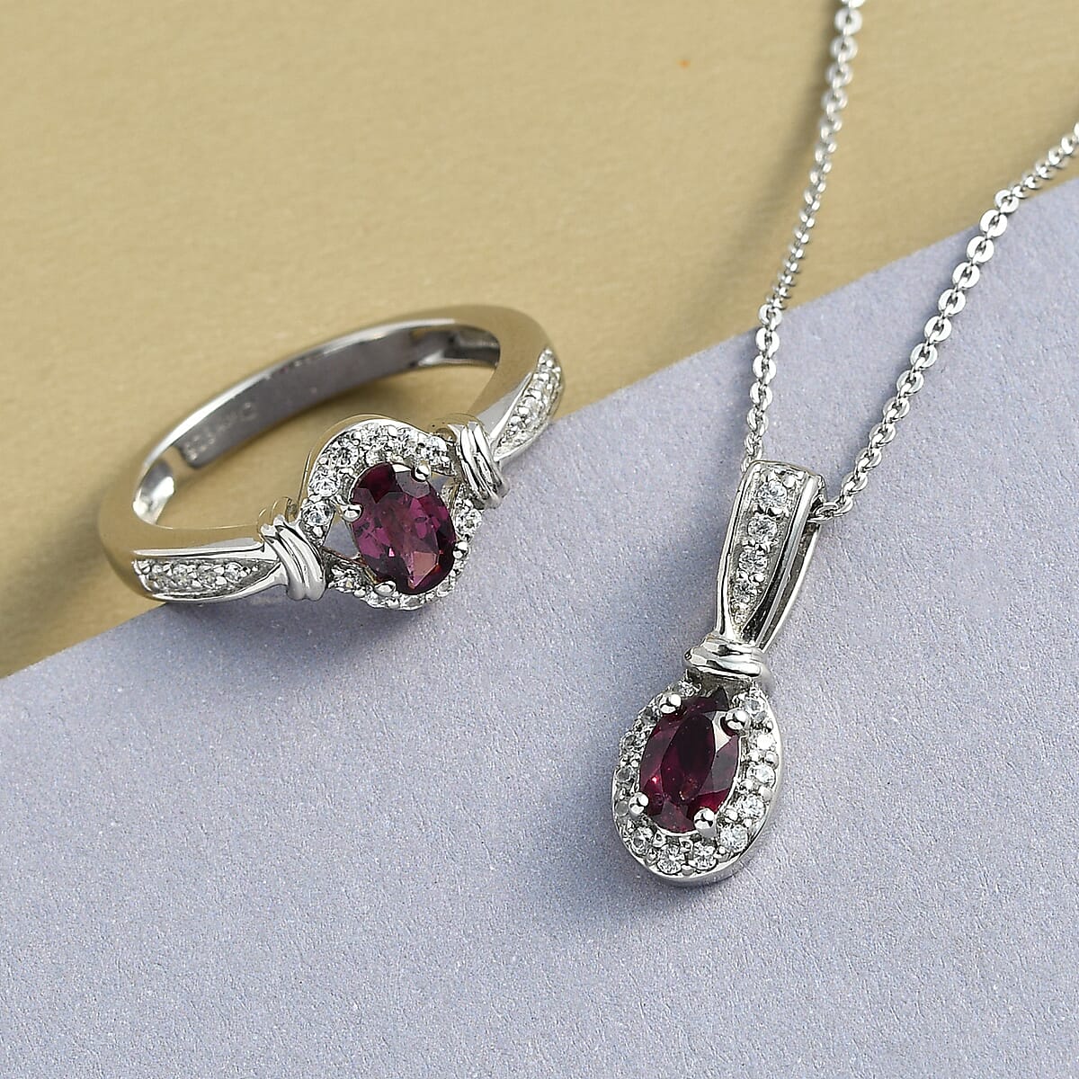 Orissa Rhodolite Garnet and Natural White Zircon Ring (Size 8.0) and Pendant Necklace 20 Inches in Platinum Over Sterling Silver 1.65 ctw image number 1