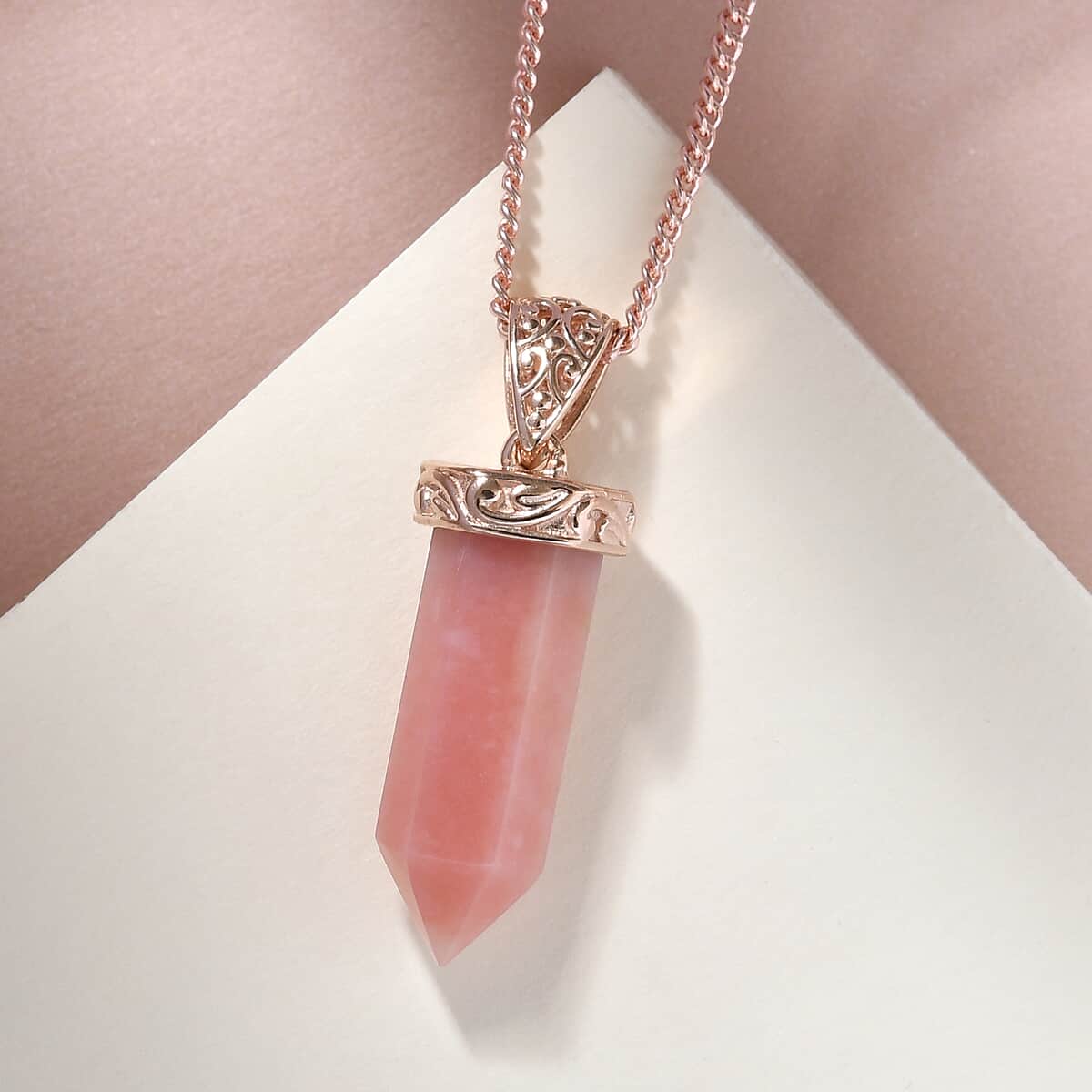 Peruvian Pink Opal Point Pendant Necklace 20 Inches in Vermeil Rose Gold Over Sterling Silver 12.50 ctw image number 1