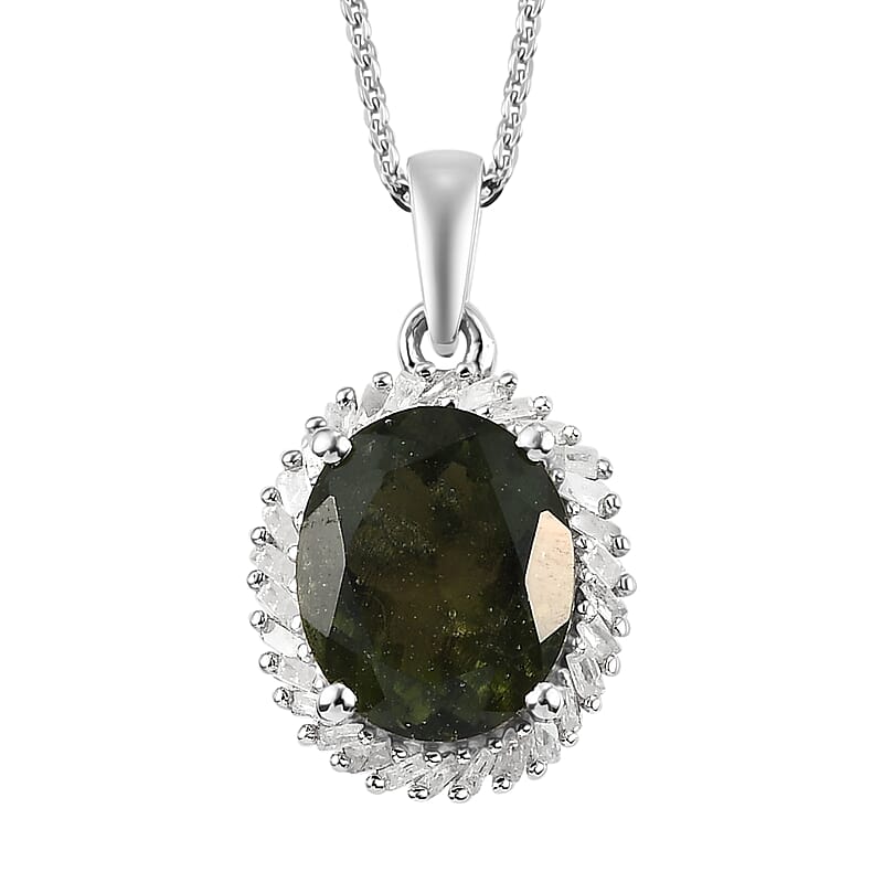 AAA Bohemian Moldavite and Diamond Halo Pendant Necklace 20 Inches in Platinum Over Sterling Silver 3.25 ctw