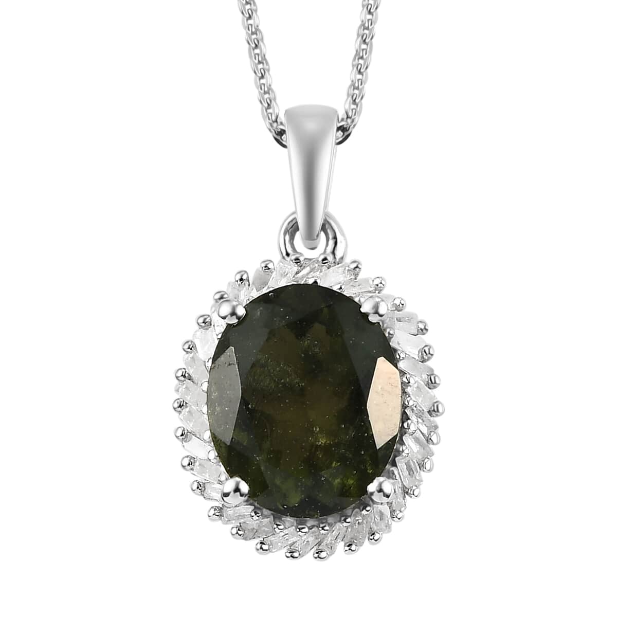 AAA Bohemian Moldavite and Diamond Halo Pendant Necklace 20 Inches in Platinum Over Sterling Silver 3.25 ctw image number 0