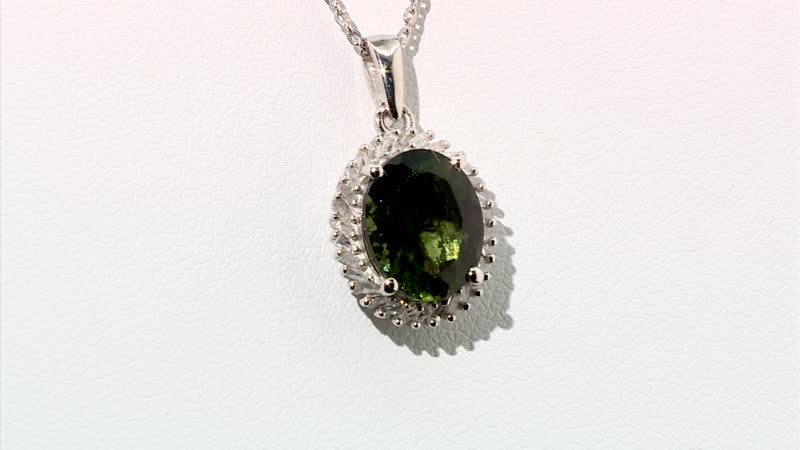 AAA Bohemian Moldavite and Diamond Halo Pendant Necklace 20 Inches in Platinum Over Sterling Silver 3.25 ctw