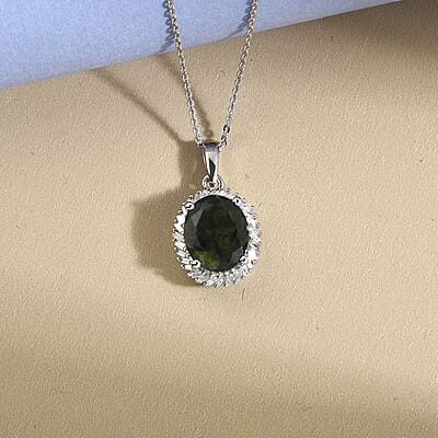 AAA Bohemian Moldavite and Diamond Halo Pendant Necklace 20 Inches in Platinum Over Sterling Silver 3.25 ctw