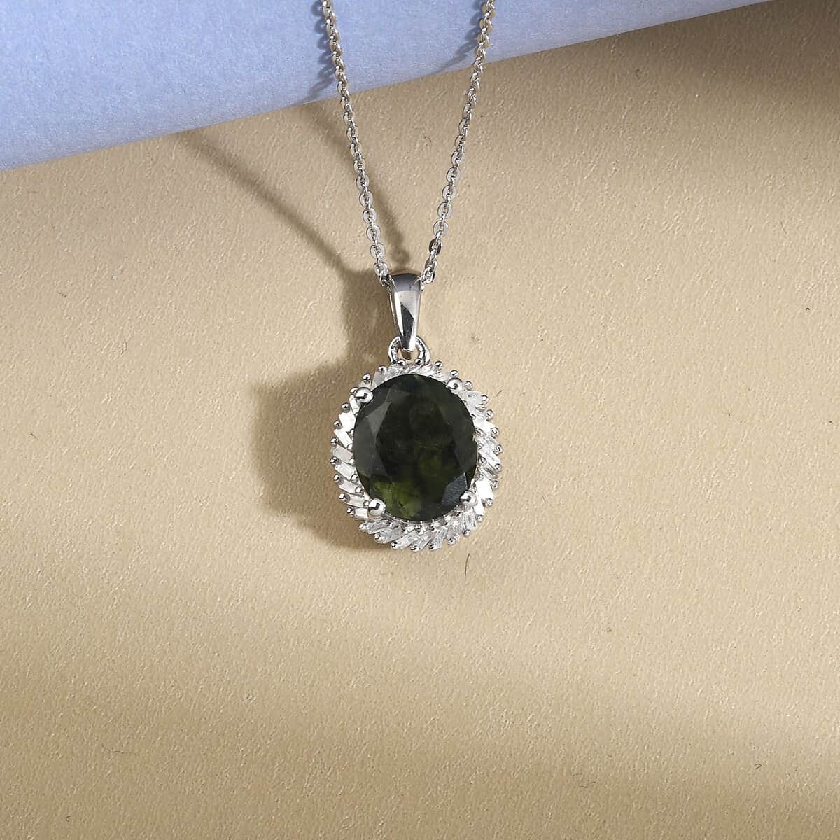 AAA Bohemian Moldavite and Diamond Halo Pendant Necklace 20 Inches in Platinum Over Sterling Silver 3.25 ctw image number 1