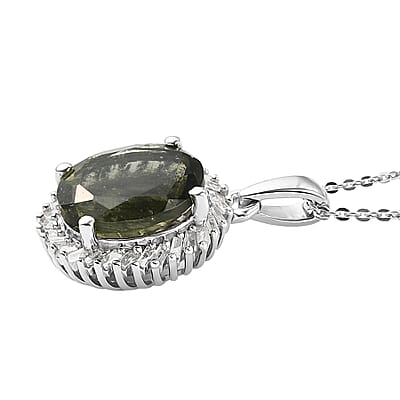AAA Bohemian Moldavite and Diamond Halo Pendant Necklace 20 Inches in Platinum Over Sterling Silver 3.25 ctw