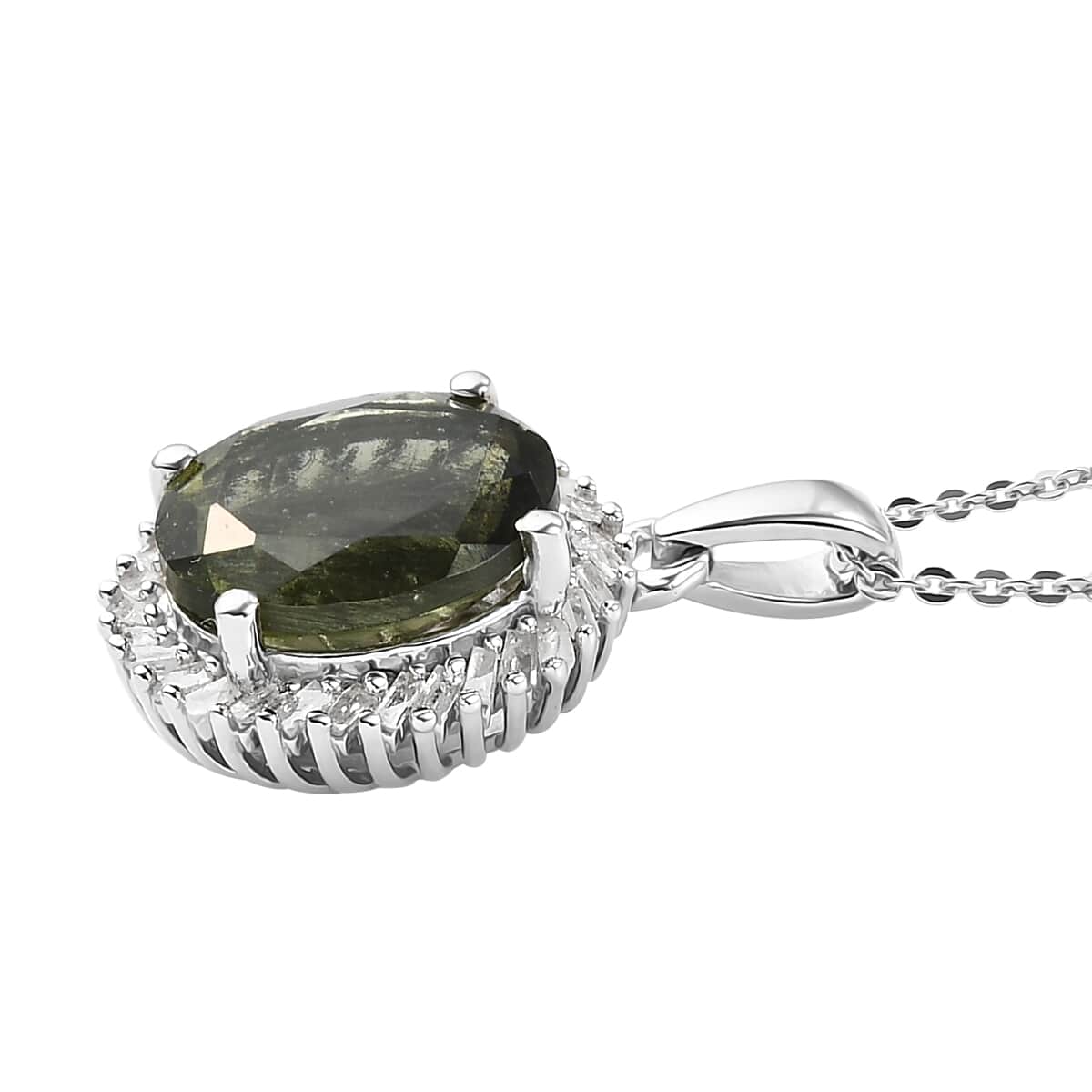 AAA Bohemian Moldavite and Diamond Halo Pendant Necklace 20 Inches in Platinum Over Sterling Silver 3.25 ctw image number 3