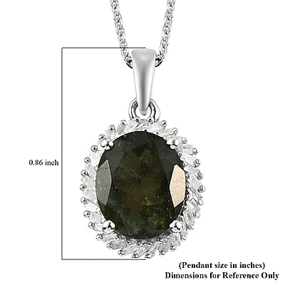 AAA Bohemian Moldavite and Diamond Halo Pendant Necklace 20 Inches in Platinum Over Sterling Silver 3.25 ctw