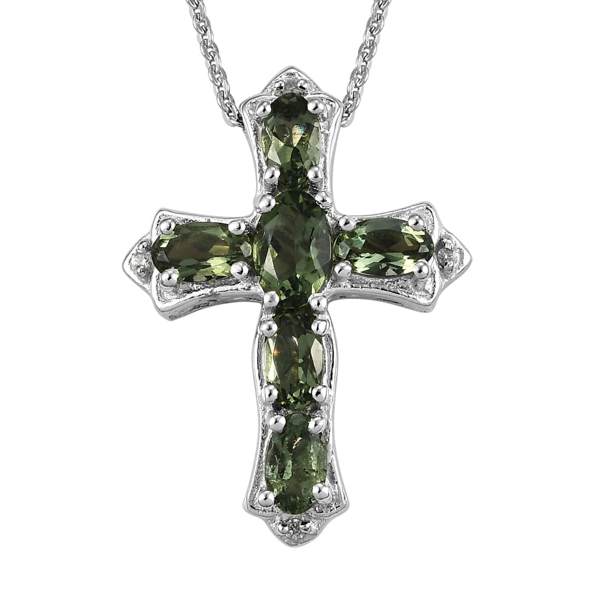 AAA Bohemian Moldavite and White Zircon Cross Pendant Necklace 20 Inches in Platinum Over Sterling Silver 1.35 ctw image number 0