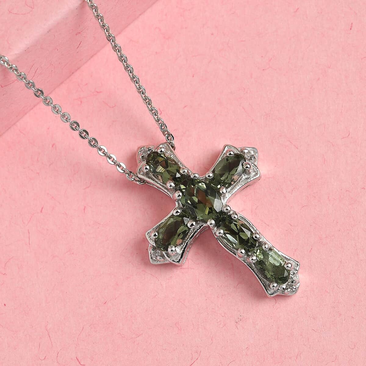 AAA Bohemian Moldavite and White Zircon Cross Pendant Necklace 20 Inches in Platinum Over Sterling Silver 1.35 ctw image number 1