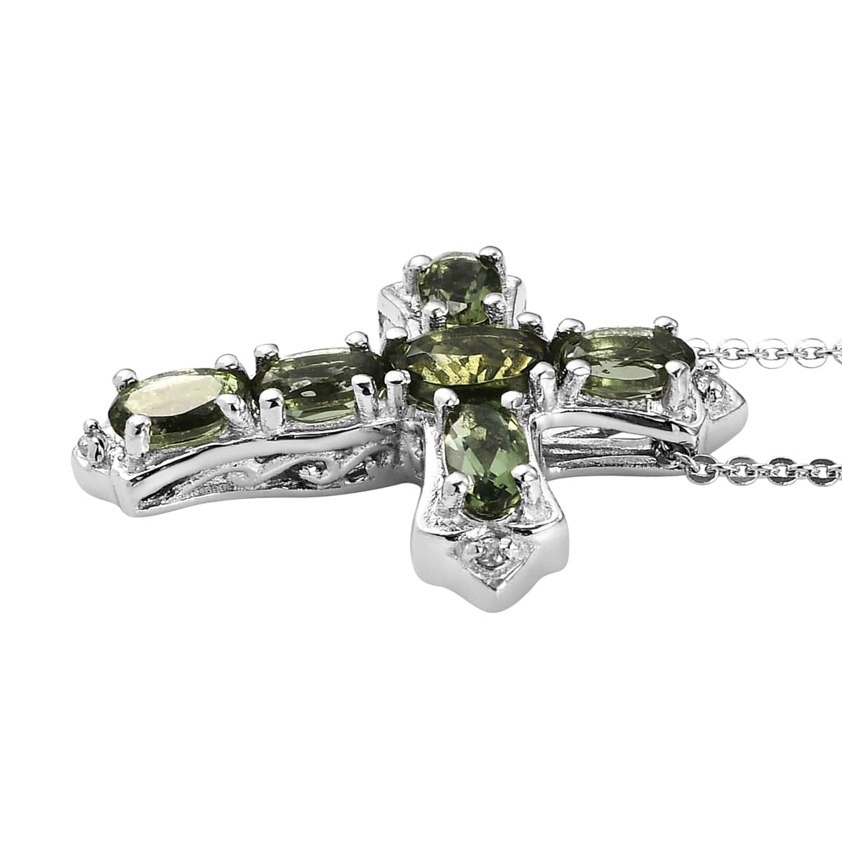 AAA Bohemian Moldavite and White Zircon Cross Pendant Necklace 20 Inches in Platinum Over Sterling Silver 1.35 ctw image number 3