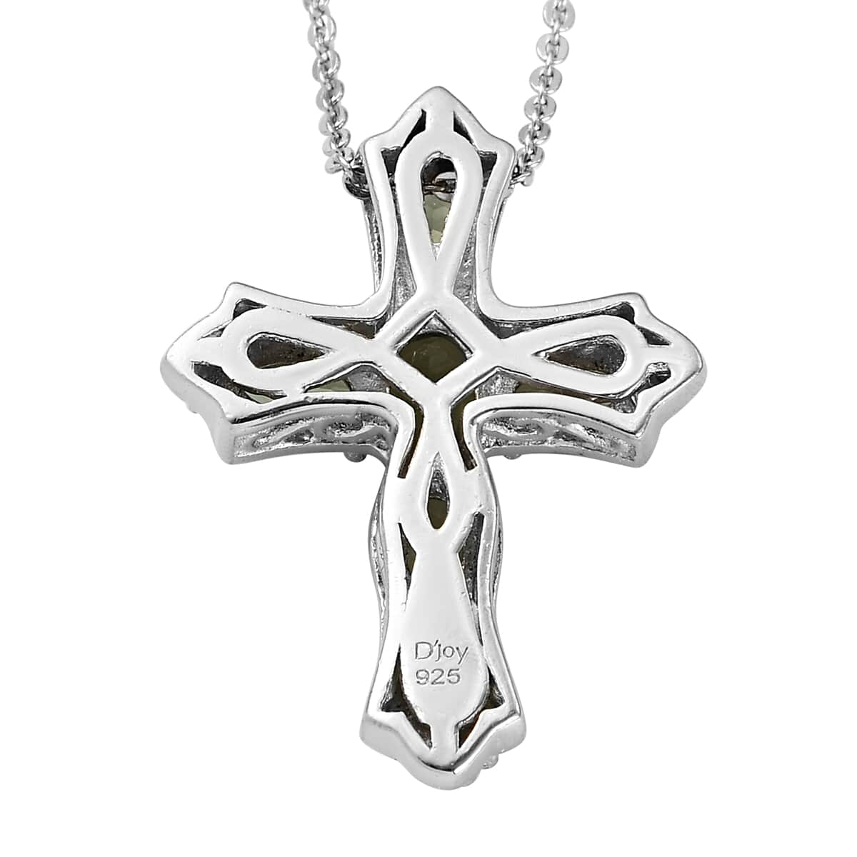 AAA Bohemian Moldavite and White Zircon Cross Pendant Necklace 20 Inches in Platinum Over Sterling Silver 1.35 ctw image number 4