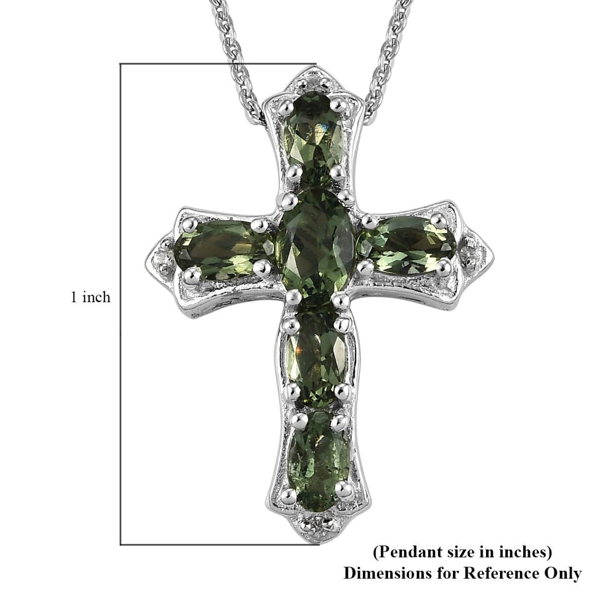 AAA Bohemian Moldavite and White Zircon Cross Pendant Necklace 20 Inches in Platinum Over Sterling Silver 1.35 ctw image number 6