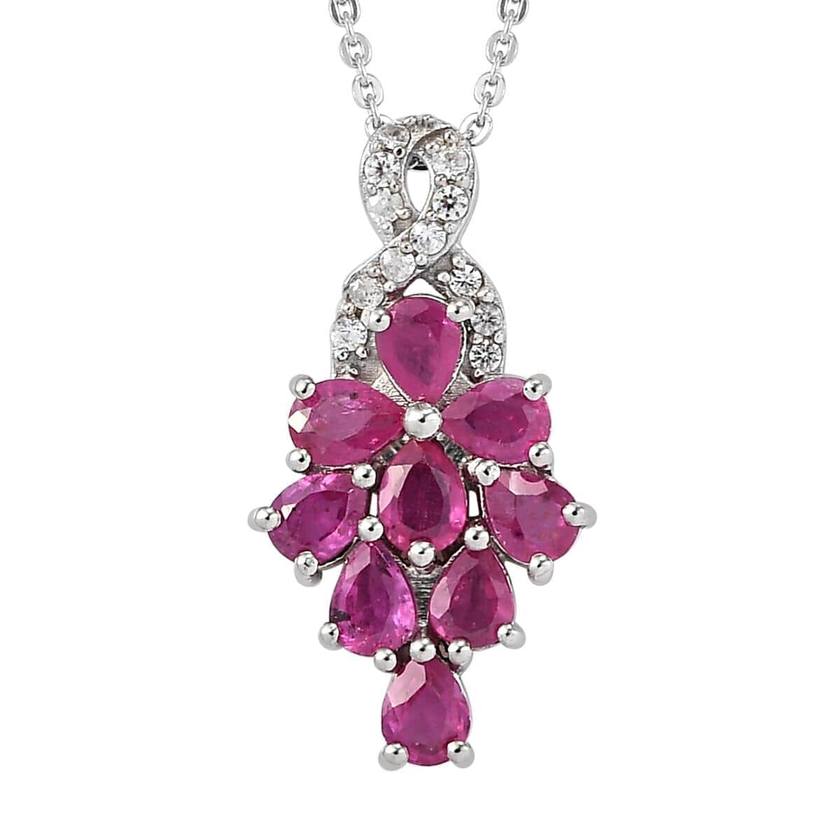 Premium Mozambique Ruby and Natural White Zircon Cluster Pendant Necklace 20 Inches in Platinum Over Sterling Silver 1.90 ctw image number 0