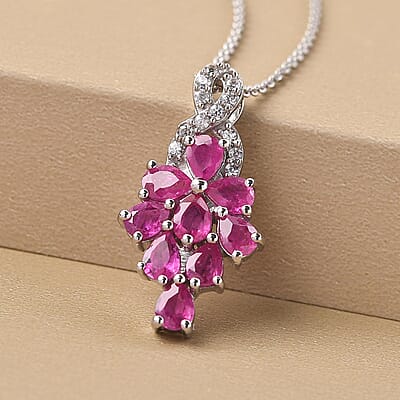 Premium Mozambique Ruby and Natural White Zircon Cluster Pendant Necklace 20 Inches in Platinum Over Sterling Silver 1.90 ctw