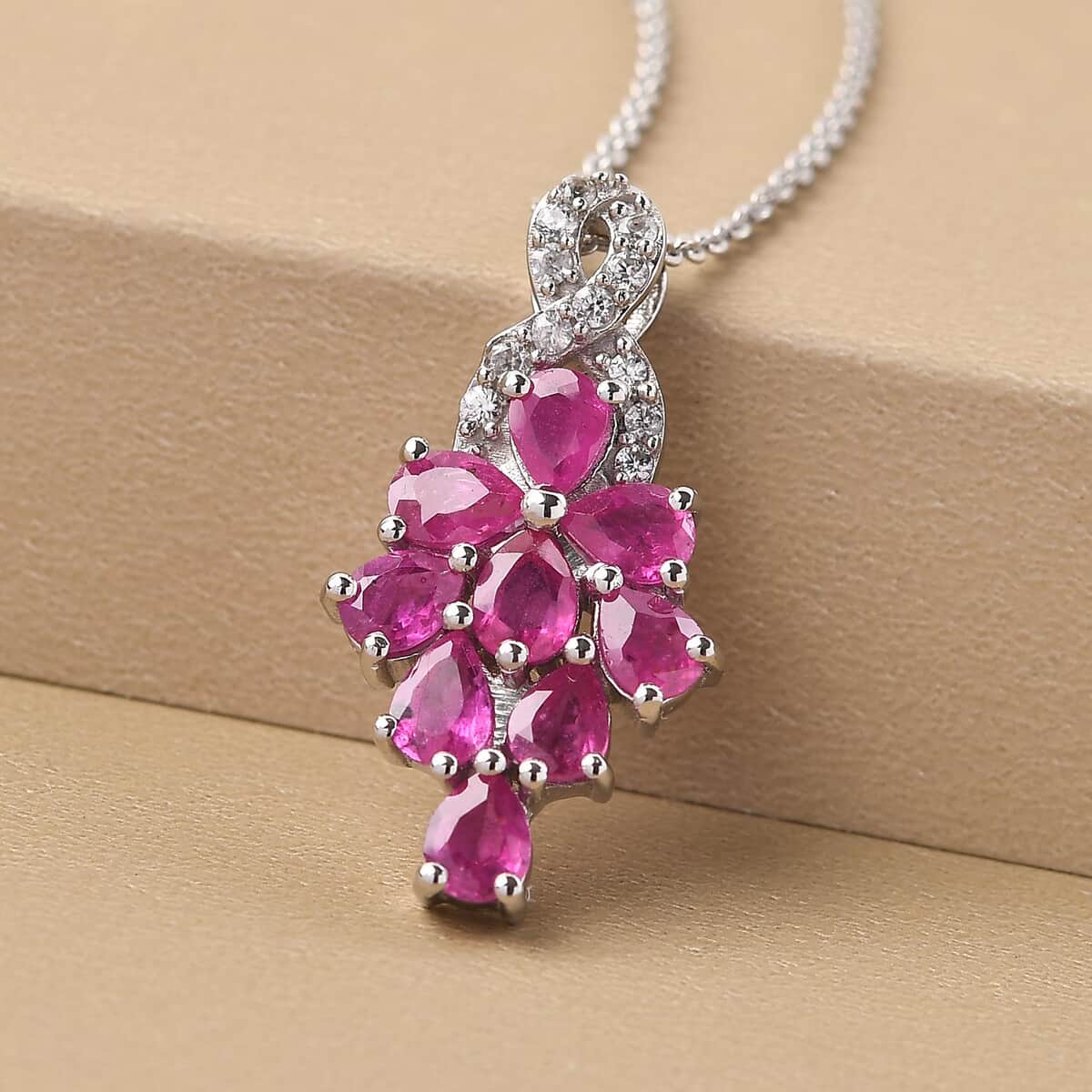 Premium Mozambique Ruby and Natural White Zircon Cluster Pendant Necklace 20 Inches in Platinum Over Sterling Silver 1.90 ctw image number 1