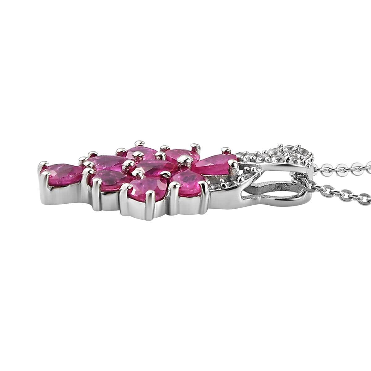 Premium Mozambique Ruby and Natural White Zircon Cluster Pendant Necklace 20 Inches in Platinum Over Sterling Silver 1.90 ctw image number 3