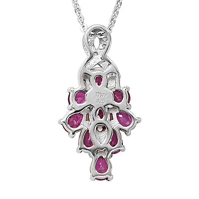 Premium Mozambique Ruby and Natural White Zircon Cluster Pendant Necklace 20 Inches in Platinum Over Sterling Silver 1.90 ctw