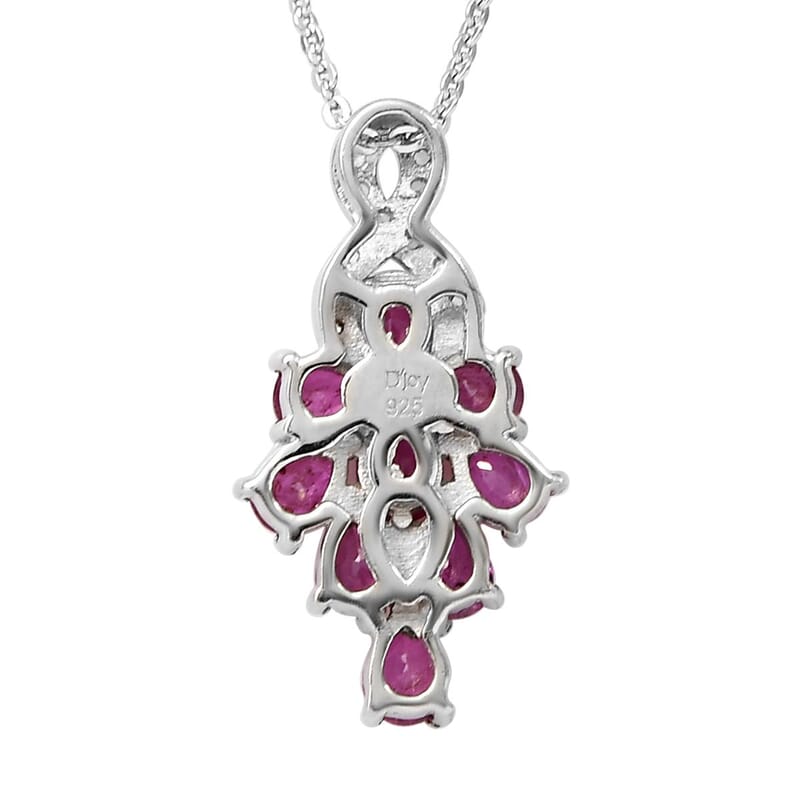 Premium Mozambique Ruby and Natural White Zircon Cluster Pendant Necklace 20 Inches in Platinum Over Sterling Silver 1.90 ctw