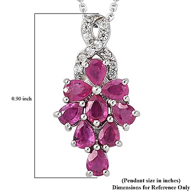 Premium Mozambique Ruby and Natural White Zircon Cluster Pendant Necklace 20 Inches in Platinum Over Sterling Silver 1.90 ctw