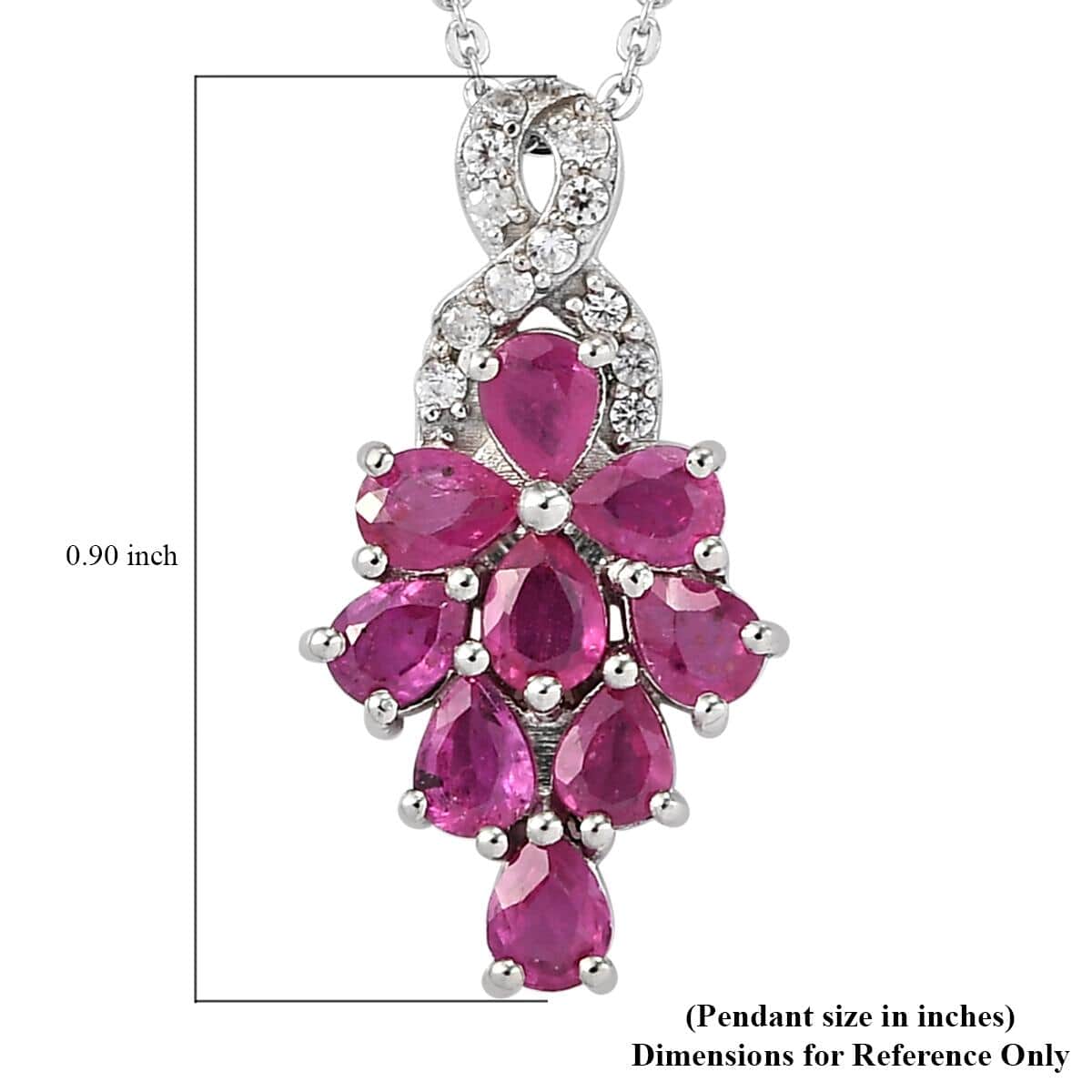 Premium Mozambique Ruby and Natural White Zircon Cluster Pendant Necklace 20 Inches in Platinum Over Sterling Silver 1.90 ctw image number 6