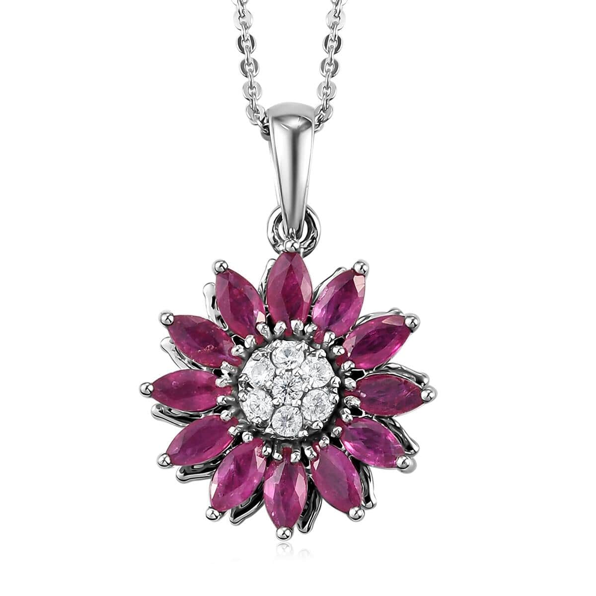 Premium Mozambique Ruby and White Zircon Sunflower Pendant Necklace 20 Inches in Platinum Over Sterling Silver 2.15 ctw image number 0