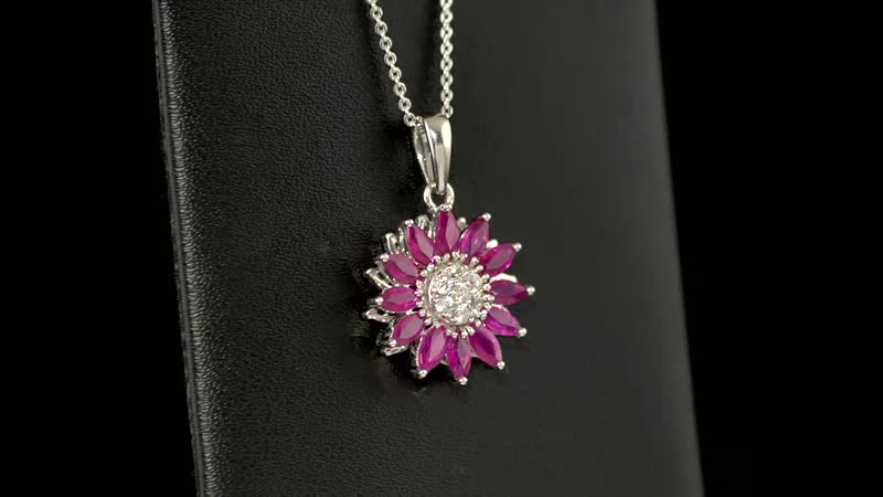 Premium Mozambique Ruby and White Zircon Sunflower Pendant Necklace 20 Inches in Platinum Over Sterling Silver 2.15 ctw