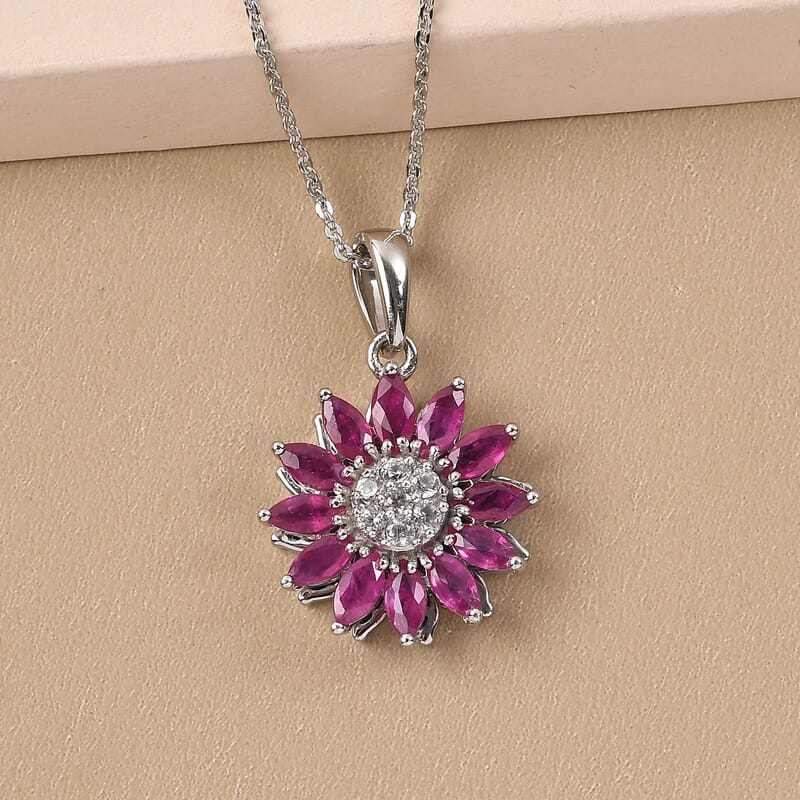 Premium Mozambique Ruby and White Zircon Sunflower Pendant Necklace 20 Inches in Platinum Over Sterling Silver 2.15 ctw