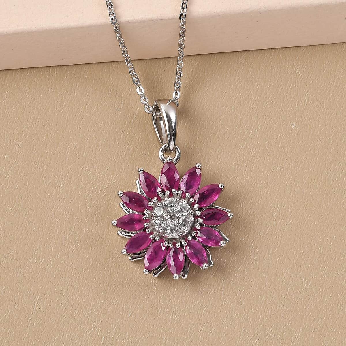 Premium Mozambique Ruby and White Zircon Sunflower Pendant Necklace 20 Inches in Platinum Over Sterling Silver 2.15 ctw image number 1