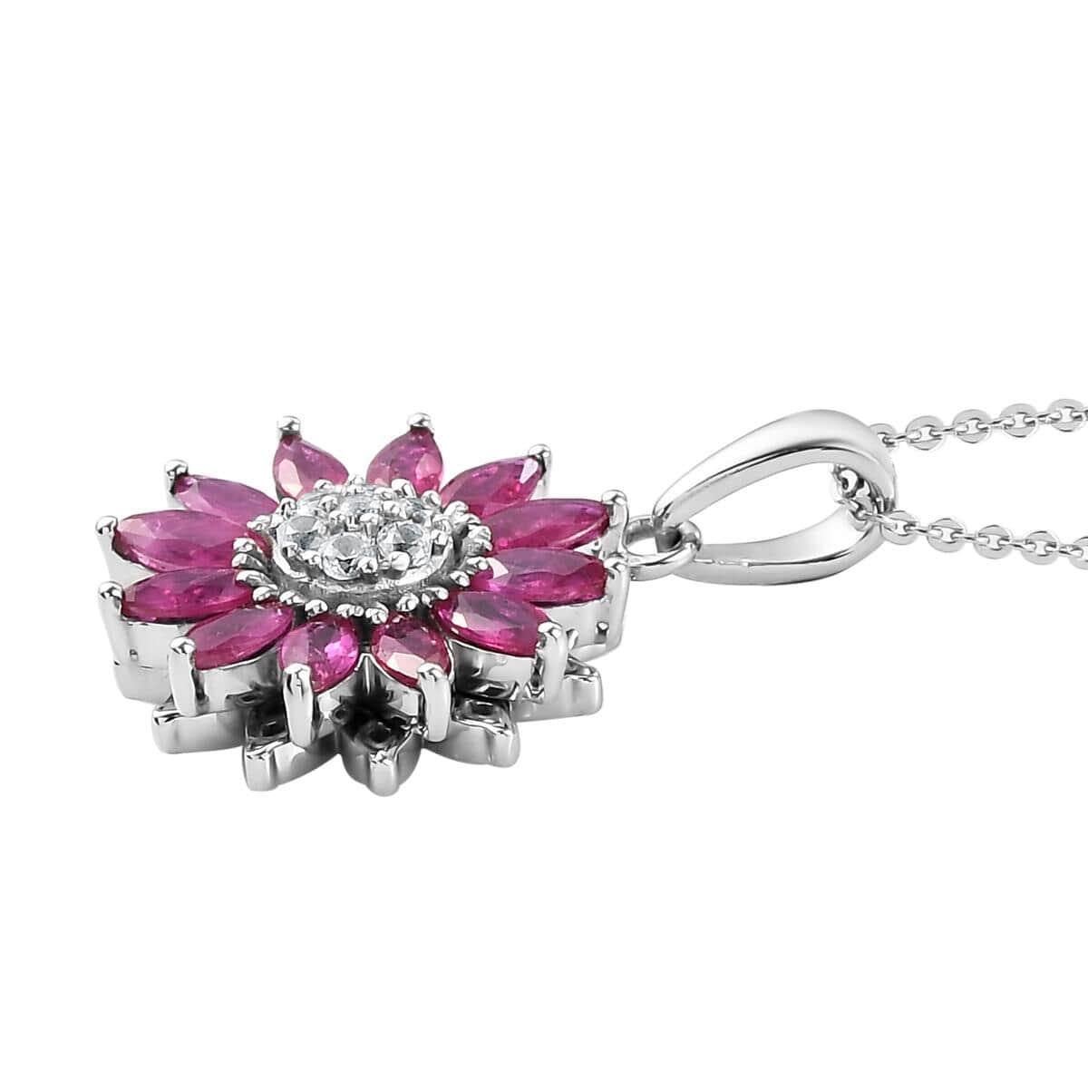 Premium Mozambique Ruby and White Zircon Sunflower Pendant Necklace 20 Inches in Platinum Over Sterling Silver 2.15 ctw image number 3