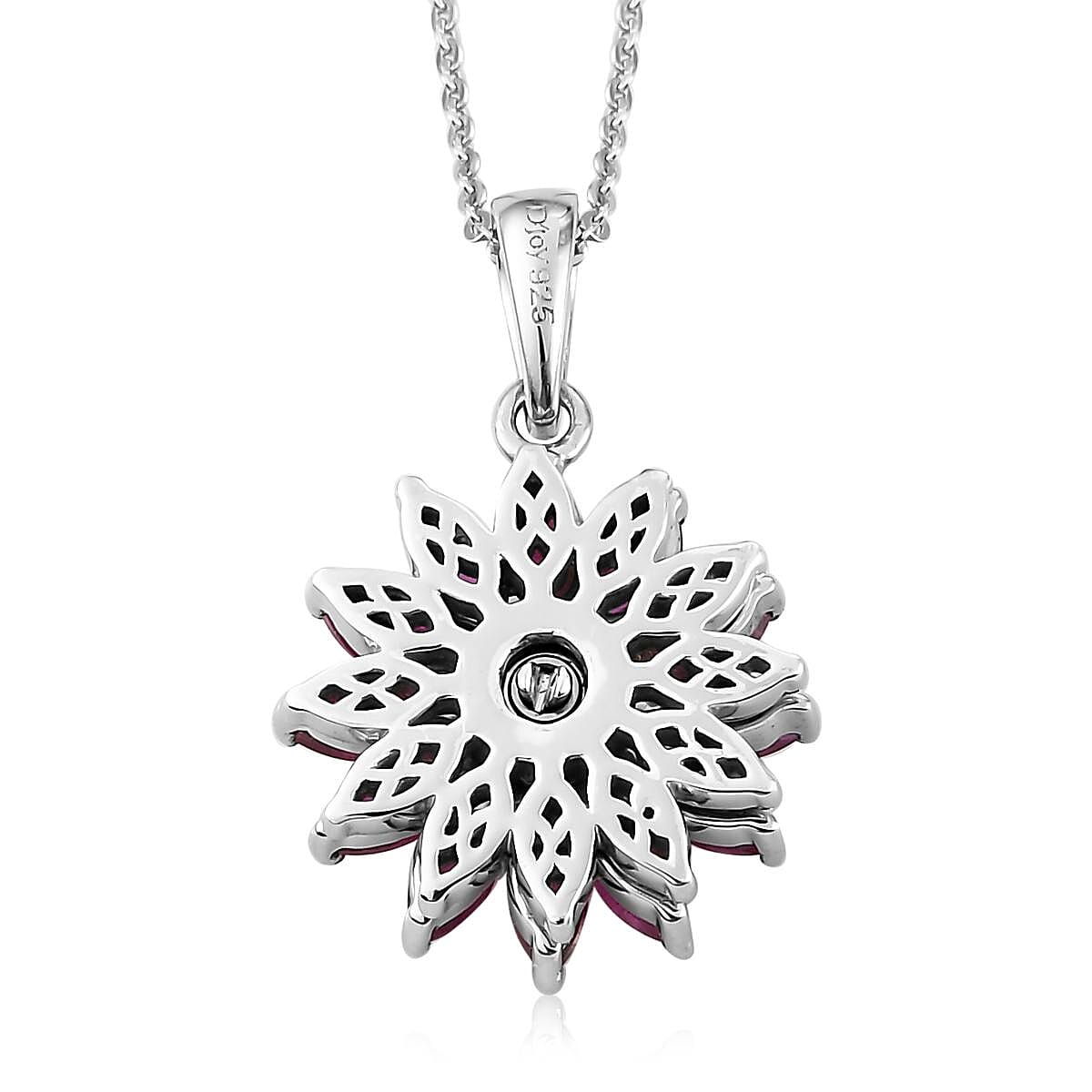 Premium Mozambique Ruby and White Zircon Sunflower Pendant Necklace 20 Inches in Platinum Over Sterling Silver 2.15 ctw