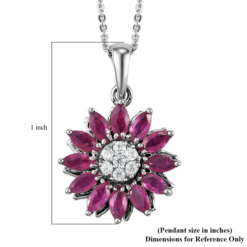 Premium Mozambique Ruby and White Zircon Sunflower Pendant Necklace 20 Inches in Platinum Over Sterling Silver 2.15 ctw