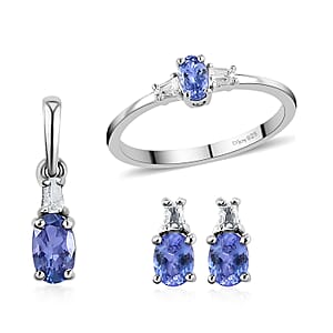 Tanzanite and White Topaz Earrings, Ring (Size 7.0) and Pendant in Platinum Over Sterling Silver 1.15 ctw