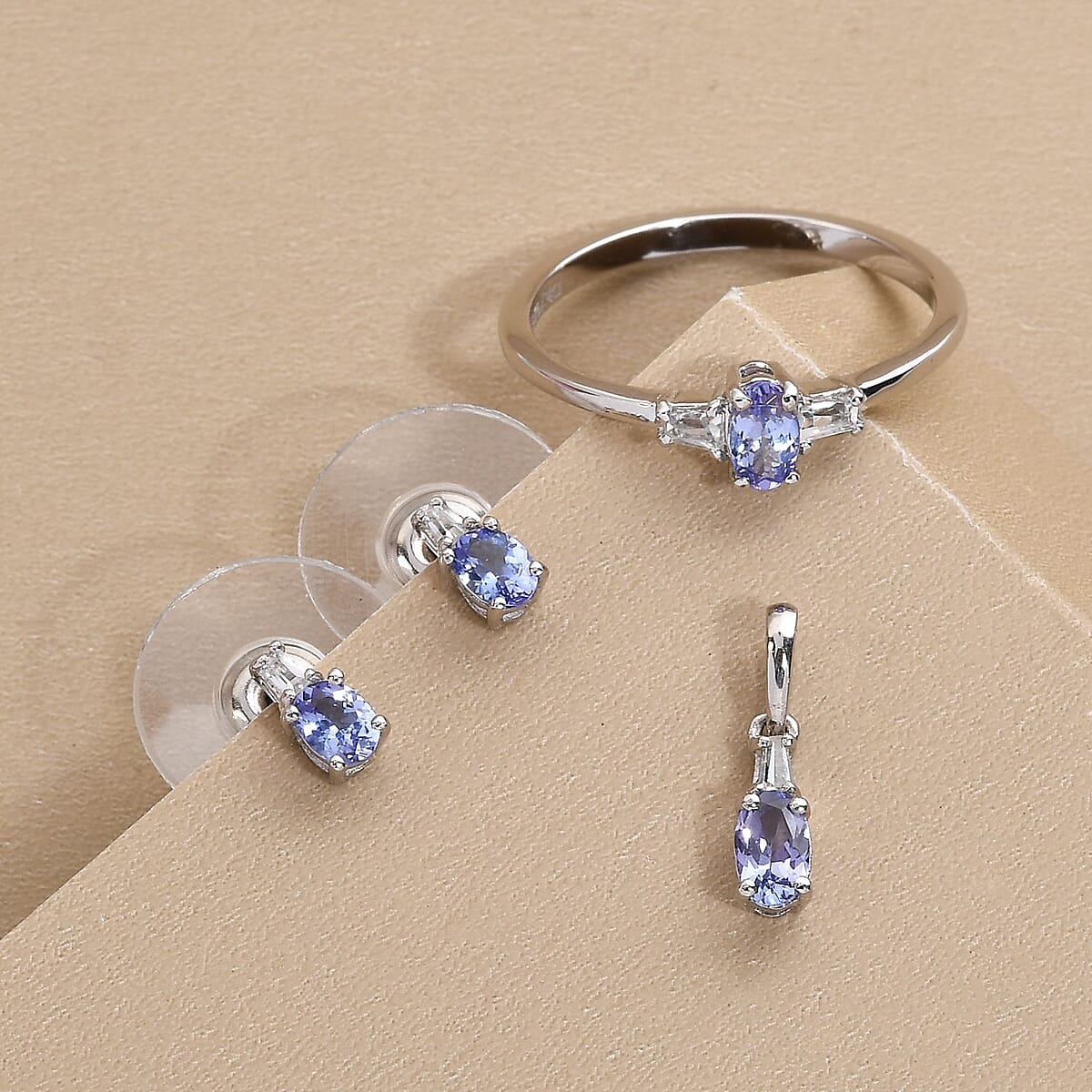Tanzanite and White Topaz Earrings, Ring (Size 7.0) and Pendant in Platinum Over Sterling Silver 1.15 ctw image number 1