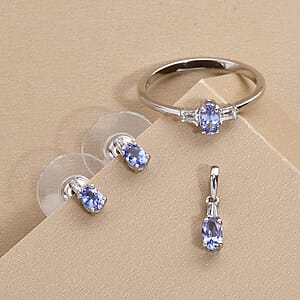 Tanzanite and White Topaz Earrings, Ring (Size 7.0) and Pendant in Platinum Over Sterling Silver 1.15 ctw