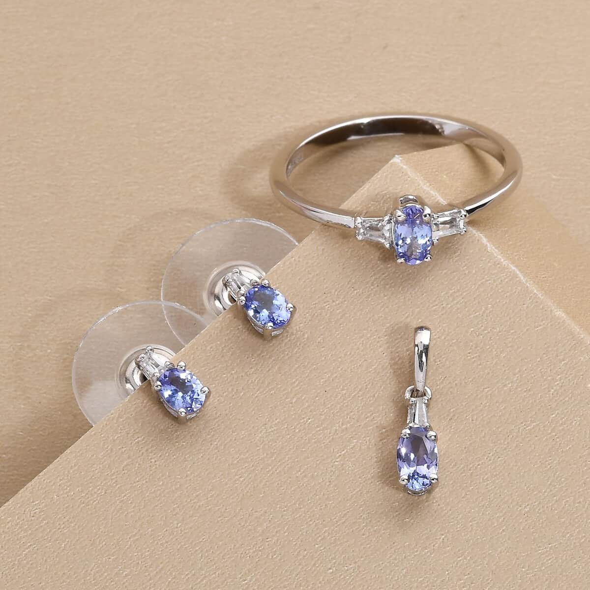 Tanzanite and White Topaz Earrings, Ring (Size 8.0) and Pendant in Platinum Over Sterling Silver 1.15 ctw image number 1