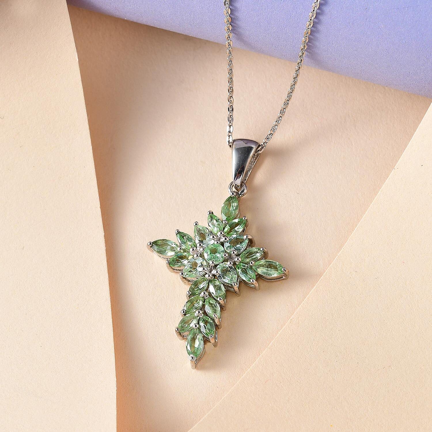 Merelani Mint Garnet Cross Pendant Necklace 20 Inches in Platinum Over Sterling Silver 2.50 ctw