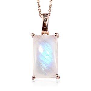 Premium Rainbow Moonstone and Natural Champagne Diamond Elongated Pendant Necklace 20 Inches in Vermeil Rose Gold Over Sterling Silver 5.85 ctw