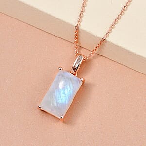 Premium Rainbow Moonstone and Natural Champagne Diamond Elongated Pendant Necklace 20 Inches in Vermeil Rose Gold Over Sterling Silver 5.85 ctw